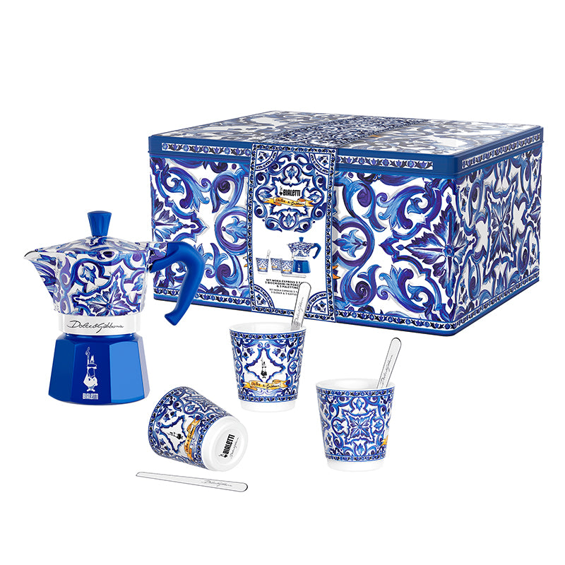 BIALETTI MOKA 3 Cup + 3 CUPS&STIRRERS GIFT SET D&G Blu Med