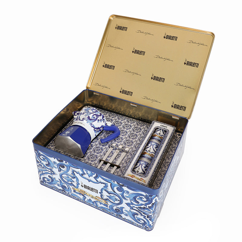 BIALETTI MOKA 3 Cup + 3 CUPS&STIRRERS GIFT SET D&G Blu Med