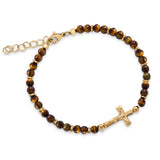 Matteo Stainless Steel Cross and Yellow Tiger Eye Bead Bracelet