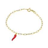 Lucia Sterling Silver 2MM Paperclip Chain Bracelet with “spicy red” Cornicello Charm - Gold