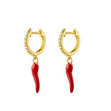 Giulia Sterling Silver CZ Huggie Earrings with Red Cornicello Charm - Gold