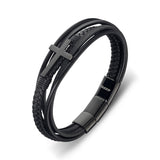 Stefano Stainless Steel Men's Multi-strap Leather Bangle with Steel Cross and Clasp - Black