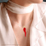 Lucky Horn Pendant 42 mm with Coral Red Enamel in 925 Silver Gold Plating