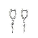 Isabella Sterling Silver CZ Huggie Earrings with Cornicello Charm - Silver