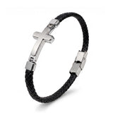 Davide Black Leather Bangle with Shiny Steel Side Cross