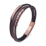 Bruno Stainless Steel Men's Brown Leather Multi Strand Bangle with Vintage Rose Gold Details - Brown