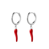 Valentina Sterling Silver Plain Huggie Earrings with Red Cornicello Charm - Silver