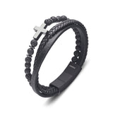 Nico Stainless Steel Men's Triple-strap Leather Bangle with Bead Bracelet and Cross - Black