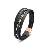 Alessandro Stainless Steel Men's Black Leather Multi Strand Bangle with Black and Rose Gold Matte Clasp