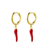 Valentina Sterling Silver Plain Huggie Earrings with Red Cornicello Charm - Gold