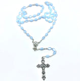 IMITATION MOTHER OF PEARL ROSARY - BLUE OVAL SHAPPED BEAD - 5MM - BOXED