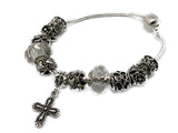 SILVER BEADED BRACELET WITH CROSS - CRYSTAL