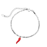 Francesca Sterling Silver 2MM Abstract Cube Beaded Bracelet with “spicy red” Cornicello Charm - Silver