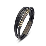 Enzo Men's Black Leather Multi Strand Bangle with Gold Details and Matte Black Clasp - Gold