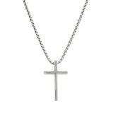 Salvatore Stainless Steel Box Chain Necklace with Long Round Edged Cross - Silver