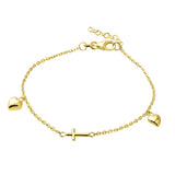 Chiara Sterling Silver Gold Plated Kids Double Heart and Cross Charm Bracelet - Gold