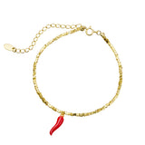 Francesca Sterling Silver 2MM Abstract Cube Beaded Bracelet with “spicy red” Cornicello Charm - Gold