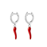 Giulia Sterling Silver CZ Huggie Earrings with Red Cornicello Charm - Silver