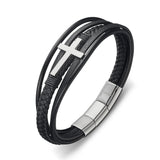 Stefano Stainless Steel Men's Multi-strap Leather Bangle with Steel Cross and Clasp - Silver