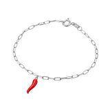 Lucia Sterling Silver 2MM Paperclip Chain Bracelet with “spicy red” Cornicello Charm - Silver