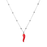 Lucia Sterling Silver Satellite Chain Necklace with “spicy red” Cornicello Pendant - Silver