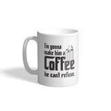 White mug with I'm gonna make him a coffee he can't refuse slogan and puppet-hand graphic