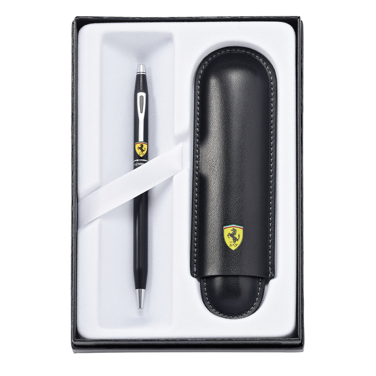 Ferrari Century Matte Black Lacquer Ballpoint Pen with Black Genuine Leather Pen Pouch Gift Set