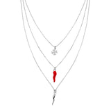 Collana Catena tre fili Rolo Diamantata con Corno Portafortuna smalto Rosso e Quadrifoglio in ARGENTO 925 Galvanica Rodio