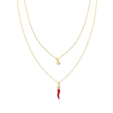 Two-wire necklace Forzatina Diamond Chain with Horn Red
enamel Lucky Charm and Four Leaf Clover pendants in