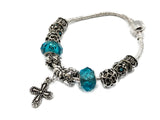 SILVER BEADED BRACELET WITH CROSS - AQUA