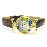 Murano millefiori watch, Gold case - Mod. Lady, Brown Strap - Brown