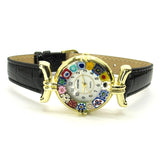 Murano millefiori watch, Gold case - Mod. Lady, Black Strap - Black